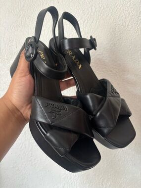 Prada Black Quilted Leather Platform Slingback Sandals